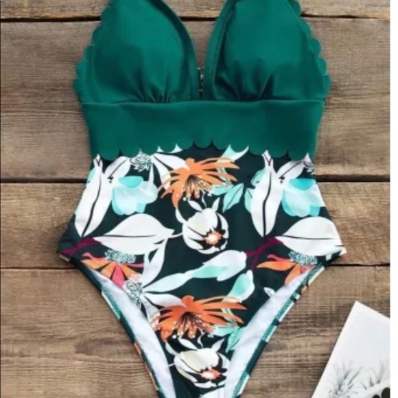 Teal and Floral Scalloped One-Piece Swimsuit - Picture 2 of 3